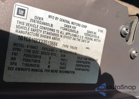 1999 GMC Sonoma Sls from USA, damaged, VIN 1GTCS19XXX8513684